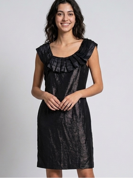 Yoana Baraschi Silk Metallic Black Ruffle Shift Cocktail Party Dress 4 Twee